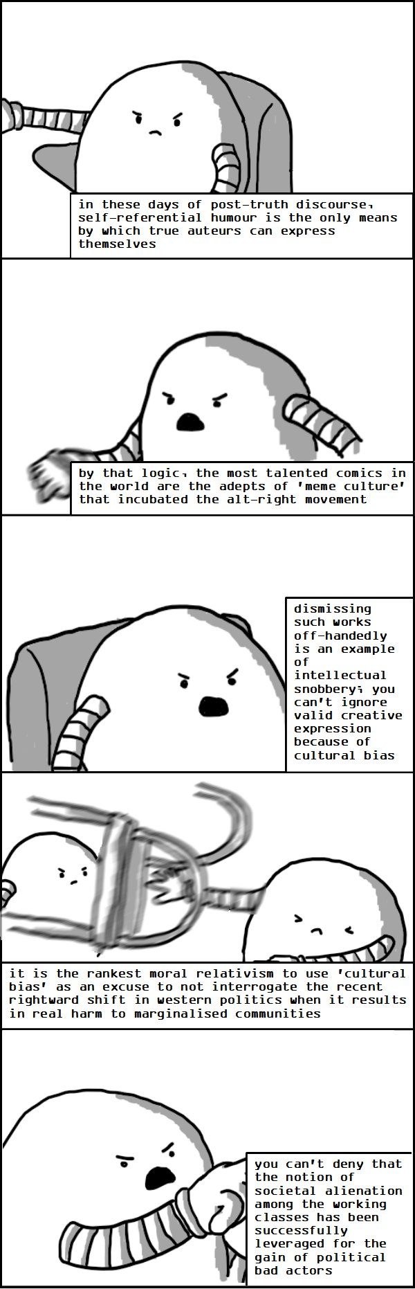 A version of the 'American Chopper argument' meme, consisting of five panels of two small robots arguing about the relative merits of 'meme culture' and its effect on modern politics.