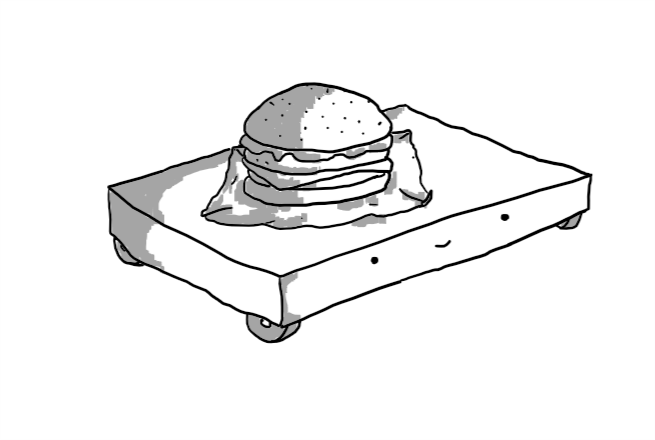 A low, flat, cuboid robot with four wheels at each corner and a burger on its top.