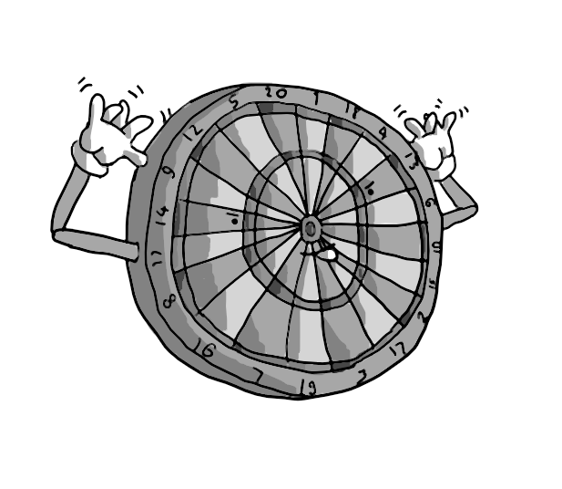 A robot in the form of a dartboard. It has two arms on its circumference, and is waggling its fingers tauntingly as it sticks out its tongue. Its face is arrayed around the bullseye, with one eye on the 14 segment and the other on the 13 segment, and its mouth just below the bullseye.