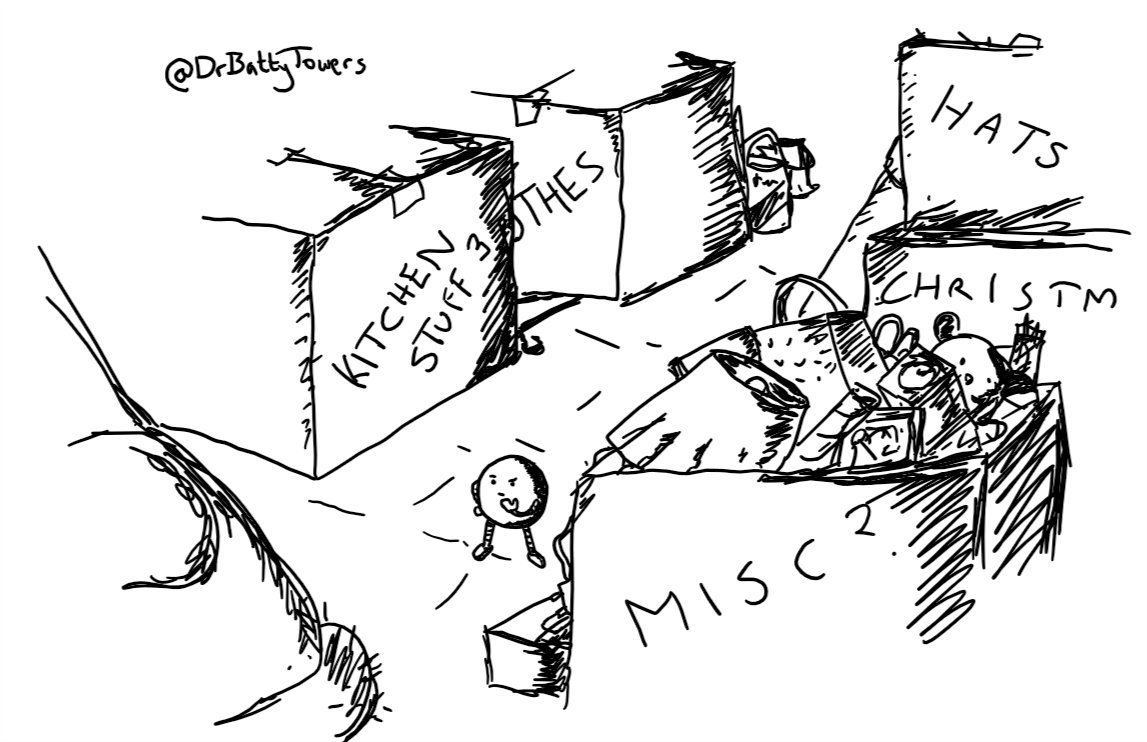 A storage room filled with many boxes, most of them sealed, one open and stuffed with random objects like a lamp, a cheese grater and a teddy bear, each labelled with unhelpful things like 'KITCHEN STUFF 3', 'HATS' and 'MISC?'. There's also a dirty lawnmower at one end. In the midst of it all stands a small, round robot rubbing its chin with a thoughtful expression.