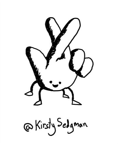 a robot with a body shaped like a big hand with its middle and index fingers crossed. it has four spindly legs where the wrist would be and its happily smiling face is on the palm.