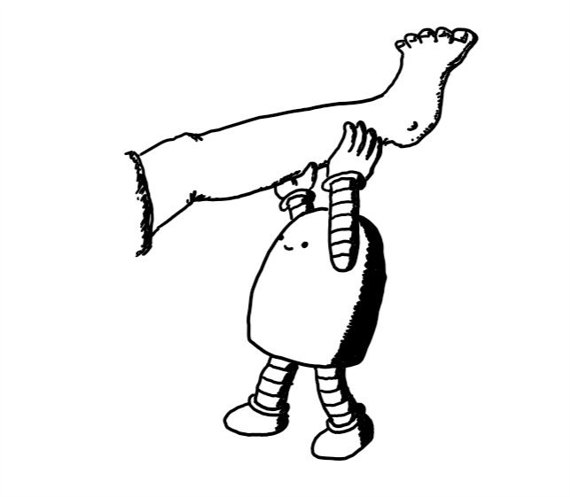 A rounded robot lifting someone's leg up over its head.
