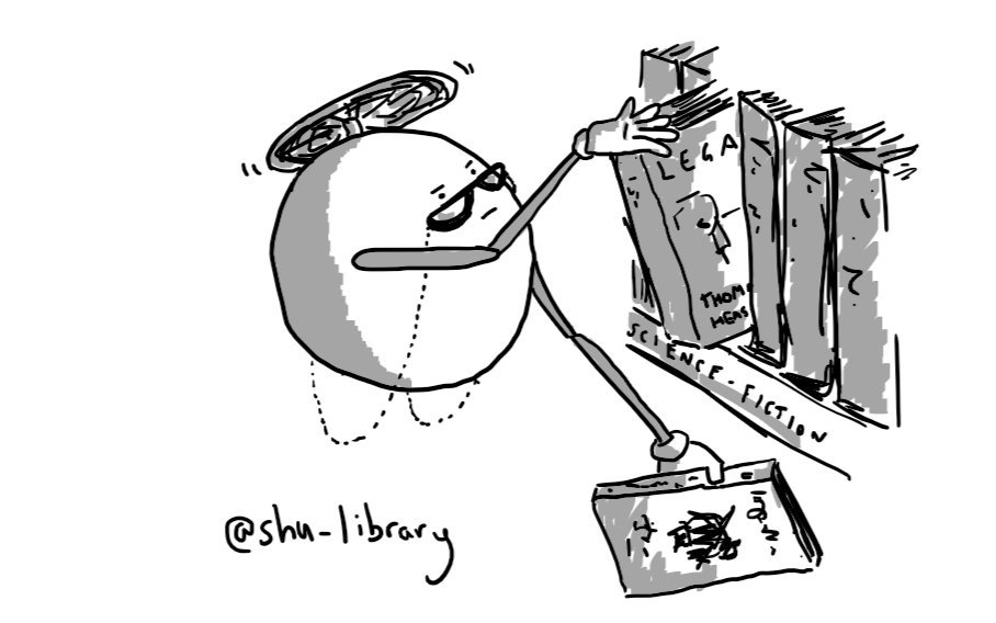 A spherical robot held aloft by a propeller on its top, peering over a pair of glasses held on by a chain as it retrieves books from a shelf with its long, jointed arms.