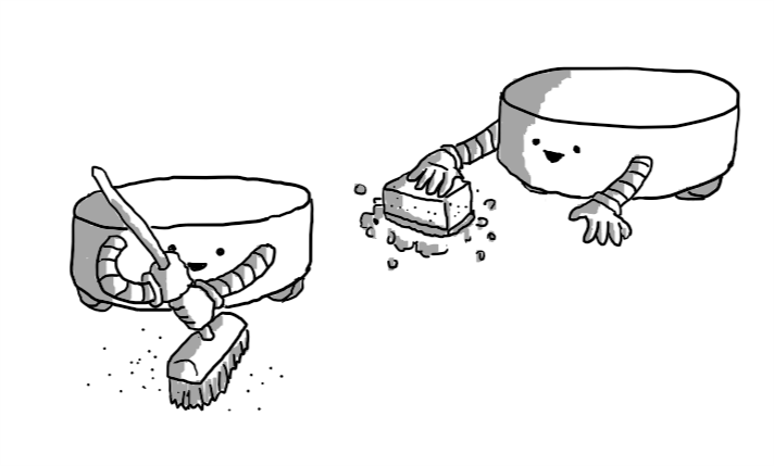 Two squat, cylindrical robots with little wheels on the bottom. One is wielding a broom and the other a soapy sponge, both quite cheerfully.