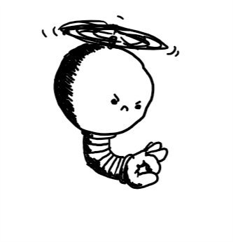 A spherical robot with a propeller on its top and a single flexible, banded arm on its underside ending in a hand that's poised about to flick something. The robot has an angry expression on its face.