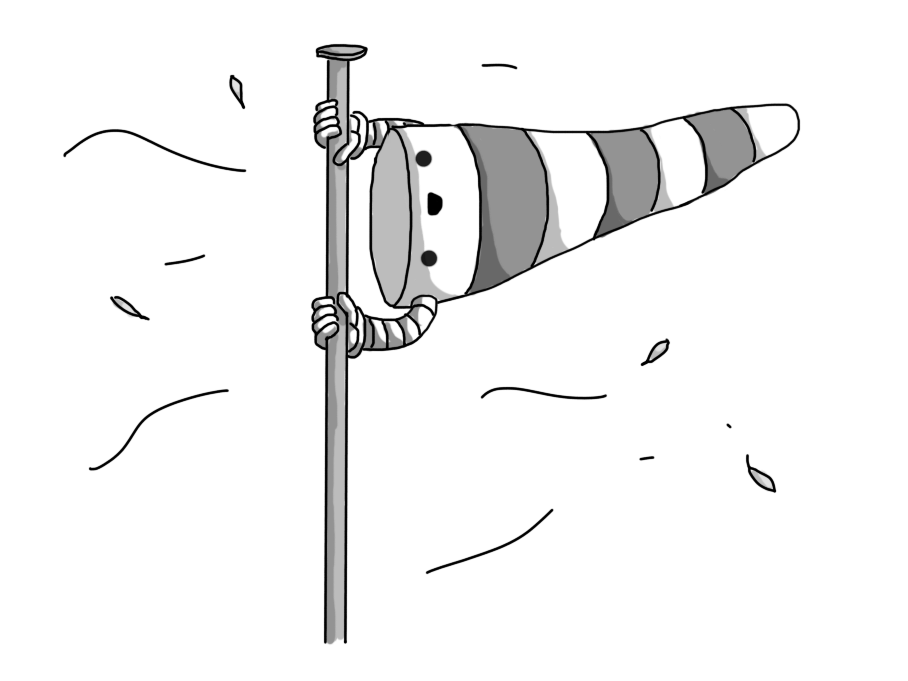 A robot in the form of a striped windsock, holding onto a pole with its banded arms and being blown sideways. Wind gusts around it, buffeting leaves through the air, but it seems really happy about the situation.
