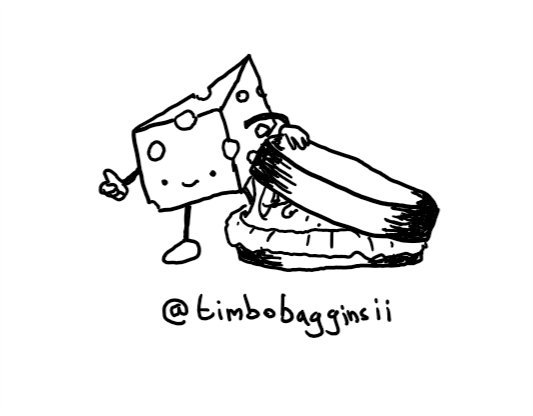 a robot shaped like a wedge of Swiss cheese lifts up the lid of a circular box to reveal the sticky contents and gives a cheerful thumbs-up.