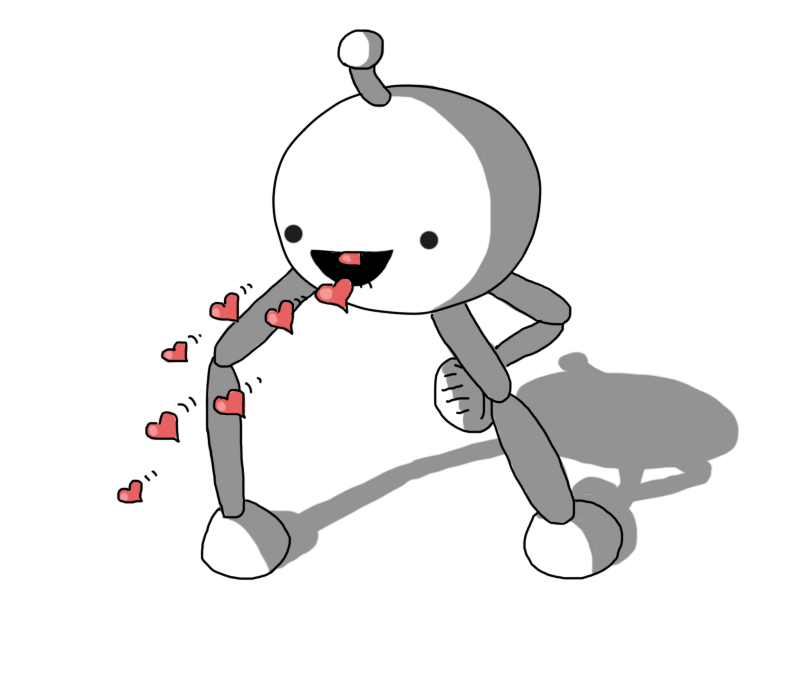 A spherical robot with three long, jointed legs and a little antenna. It's walking along, its smiling face angled slightly downwards, with little pink hearts emerging from its mouth, streaming out towards the ground.