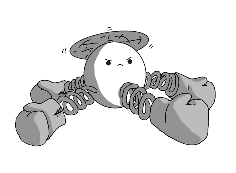 An angry, spherical robot held aloft by a propeller on its top, with four spring-mounted boxing gloves on each of its sides.