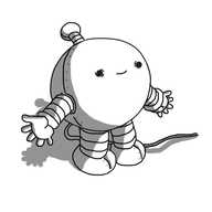 A spherical robot with banded arms and legs and an antenna. Its body, antenna bobble and feet are divided by riveted seams, it has detailing around its eyes and where its limbs connect to its body, and a wire trails from its rear.
