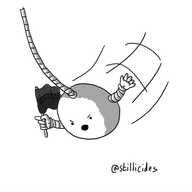 A spherical robot suspended on a long cable, swinging into view waving a bisexual flag and angrily pointing and gesticulating.