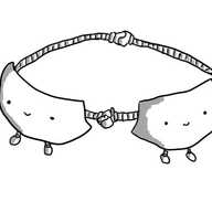 Two robots shaped like the cups of a bra. They each have one long, banded arm reaching behind them to hold hands in the rear clasp position, while their other hands are held at the front. Little legs dangle down from the bottom of each robot.