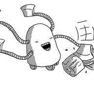 A round-topped robot balanced on three wheels with four flailing limbs tipped with axe heads. One is chopping a log apart while the others hover readied above its head. The robot has a wide, smiling mouth with visible teeth and unfocused, manic eyes.