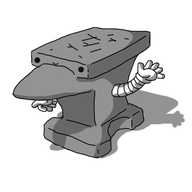 A robot in the form of a blacksmith's anvil. It has two banded arms on either side and its smiling face is on the front surface of the anvil's face (the top part).