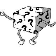 A box covered in question marks that has jointed arms and legs. It's holding out its hands as if shrugging helplessly.