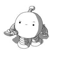 A spherical robot with banded arms and legs and an antenna, looking at a phone in its hand that reads "01 MAR" with a raised eyebrow and an expression of confusion or possibly dismay.