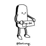 A cylindrical robot with a grumpy face holding up a sign that says 'eye-sha'.