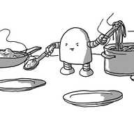 A round-topped robot standing between a pan of bolognese and a pot of spaghetti, ladelling the former towards one of three plates set out before it while lifting the latter in a pair of pincers. The robot sports an expression of intense concentration.