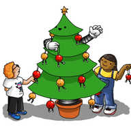 A robot in the form of a Christmas tree composed of four conical sections with slightly upturned lower rims. Its happy face is on its uppermost section, which is also crowned with a gold star, and it has two banded arms on the next section. It's mounted in an orange pot and its trunk has the same appearance as a banded small robot limb. Various Baublebots in red and gold hang from beneath each of the robot's sections, and the robot is positioning another. Two children stand on either side of the robot, also hanging Baublebots.