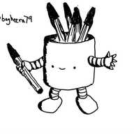A robot in the form of a squat, cylindrical cup, filled with several pens. It has little arms and legs and is happily offering one of its pens in one hand.