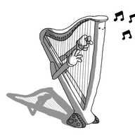 A robot in the form of a harp. Its smiling face is on the front of the column, while its two jointed arms are mounted on the angled soundboard and are plucking at its strings. Where the column and soundboard meet is a small, rounded body with tracks on either side. A few musical notes float in the air beside the robot.