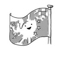 A robot in the form of a flag attached to a flagpole. It has a smiling face in the middle and on its surface are sections of the flags of Wales, Britain, Europe, Sweden and a checkered racing flag.