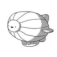 A robot in the form of an airship with longitudinal ribbing, four fins towards its rear and an enclosed gondala with several windows hanging underneath. The front section of the envelope is circular and has the robot's cheerful face in its centre.