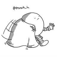 A round robot with a cape draped over its shoulders. It's swirling its cape around as it turns away, holding out its free hand and tilting its face up with its eyes closed.