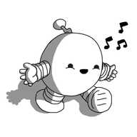 A spherical robot with banded arms and legs and a zigzag antenna, walking along with its hands held out, happily singing, as indicated by musical notes drifting from its mouth.