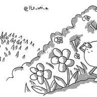 A round robot with jointed limbs climbing up a rock surrounded by flowers and foliage and peering around as it shields its eyes with a hand. In the distance, beyond the shrubs, is a round fold-up table with a glass of something on it.