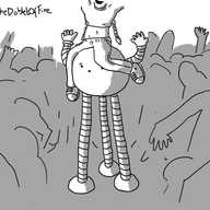 A spherical robot on three tall legs, with someone sitting on top of them to see over a large crowd of people. It's holding its hands out as if steadying its passenger and looks worried.