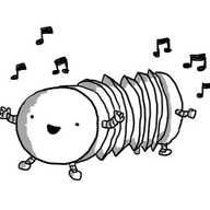 Two cheerful, disc-shaped robots that make up each side of a simple concertina. Each robot has small arms and legs and the whole arrangement is surrounded by musical notes.