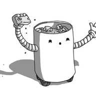 A robot in the form of a hollow, wheeled cylinder. It has two long, banded arms and its face is near the top of the cylinder's opening. Within the robot are a number of wrapped objects, partially buried in sawdust or some other packing material. The robot has plucked one of the gifts out with one hand, shedding fragments of the material in the process. It's making an 'ooooh' face, obviously getting the recipient excited for their prize.