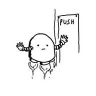 A domed robot held aloft by a set of small boosters on its underside, pushing against a door while holding up its other hand as if to keep someone back while it does its job.