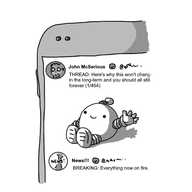 A picture of part of a mobile phone screen showing a Twitter feed. The top tweet is by "John McSerious", the first of an apparently 464-part thread that seems to be about how whatever effort to improve the world is futile, while the tweet at the bottom is from an account called "News!!!" that reads "BREAKING: Everything now on fire." In between these tweets is a spherical robot with banded arms and legs and a coiled antenna, sitting down and waving happily.