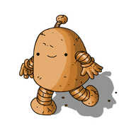 A round-topped robot with banded arms and legs and an antenna, made out of gingerbread. It's running along happily, leaving a few crumbs trailing behind it.