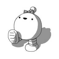A spherical robot with banded legs and an antenna. It's walking along happily, and it has a little pink bow just where its antenna meets its body.