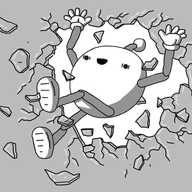 A spherical robot with jointed arms and legs and an antenna, bursting happily - and perhaps a little vacantly - feet-first through a sheet of glass, presumably a window pane.