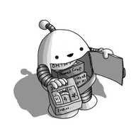 A round-topped robot with banded arms and legs and an antenna that has a door in its tummy and a hollow interior. It's opening the door with one hand and holding out a pink box filled with bottles and jars labeled "Smellies..." with the other. Inside it are three more boxes, labeled "Liquor Gift Set", "Themed Crap" and "Bath Shit".