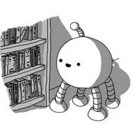 A spherical robot with four long, banded legs and an antenna. It's standing beside a bookshelf, looking at the books and smiling.