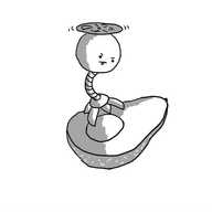 A spherical robot held aloft by a propeller on its top, with a single limb on its bottom that ends in a large, grabbing claw. It's hovering over a halved avocado, its claw just about to close on the protruding stone, with an expression of intense concentration, complete with sticking out tongue.