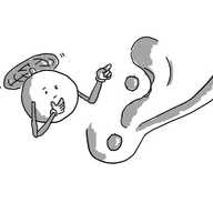 A small spherical robot held aloft by a propeller on its top, looking thoughtful and pointing at a tragus piercing on an ear beside it.