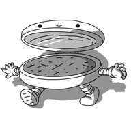 A robot in the form of a makeup compact, with banded arms and legs on the bottom section and its face on the front of the mirrored upper section.