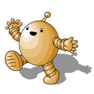 An ovoid robot with banded arms and legs and an antenna, coloured in metallic brown-gold, walking along with a big, menacing smile on its face, one leg extended and one hand waving in the air, as if kicking down a door.