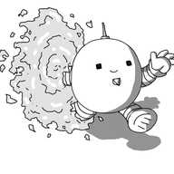 A round robot with banded arms and legs, emerging from a crackling, glowing portal floating in midair. The robot looks mostly like a regular small robots robot, except it only has four fingers on its one visible hand, it has an unusual antenna design and its eyes are square instead of round. It also has a little pyramid-shaped beard attached beneath its smiling mouth.