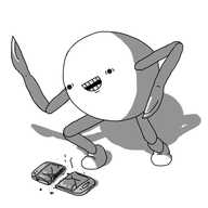 A spherical robot with joined arms and legs. Its arms end in sharp knife blades, moulded as part of the limb. It's crouching, leaning slightly forward, an absolutely manic expression on its face, its teeth exposed by its horrid smile. A mobile phone, sliced in half and smoking slightly, lies at its feet.