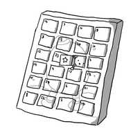 An advent calendar with the traditional 24 numbered doors on it. The main picture is Bigbot standing in the snow and wearing a Santa hat. One door is open near the middle, with a star on the inner side of the flap and a tiny round robot with little arms and legs just climbing out.