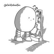 A large, egg-shaped robot with two sturdy, banded legs standing by a doorstep and glaring down at the shocked man opening the door as musical notes drift out.