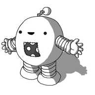 A round robot with banded arms and legs and a zigzag antenna, smiling and holding out its arms. On its tummy is stitched a little square patch of red material, patterned with white dots.