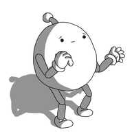 A rounded robot with jointed arms and legs and an antenna. It has a concerned expression on its face and is holding out one hand while raising the other to its face.